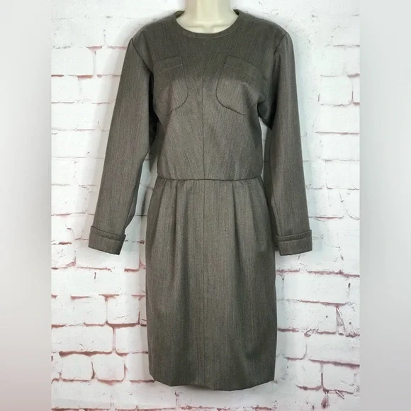 VINTAGE SAINT LAURENT PARIS RIVE GAUCHE Taupe knee length dress Size Large - Picture 15 of 15
